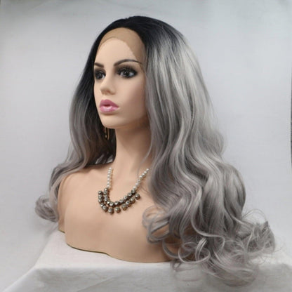 Long wavy gray wig with 130% density showcasing stylish synthetic hair accessory