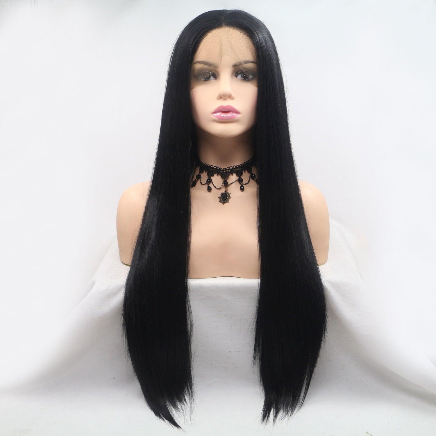 Elegant long black synthetic wig with straight hair style and detailed lace front design.