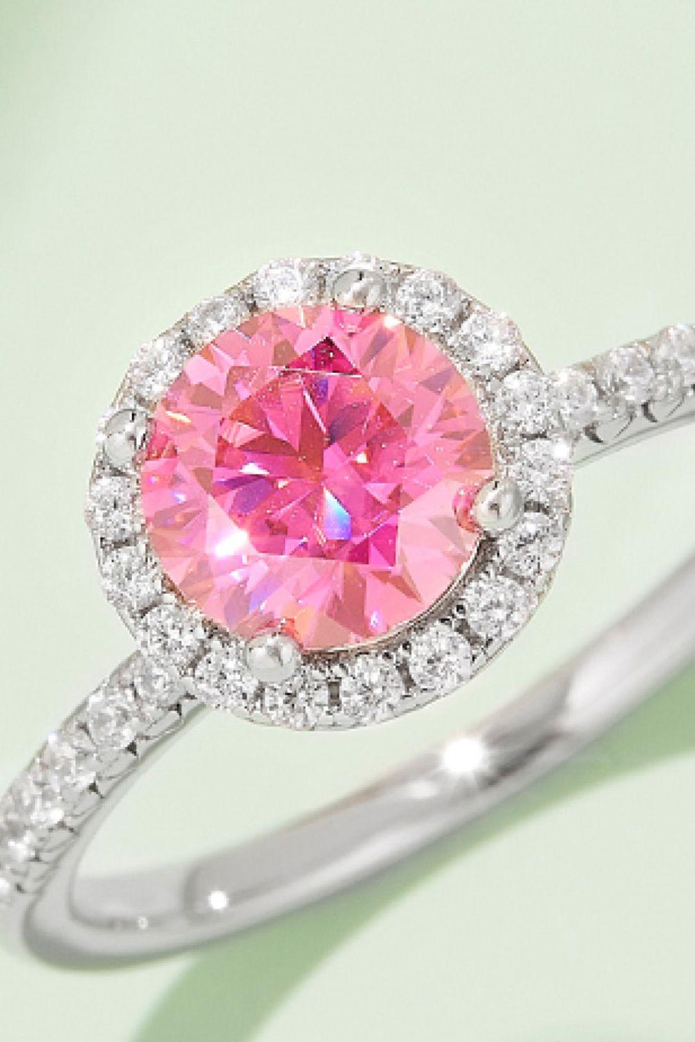 Elegant 1 Carat Moissanite Halo Ring with Sparkling Pink Gemstone Set in 925 Sterling Silver