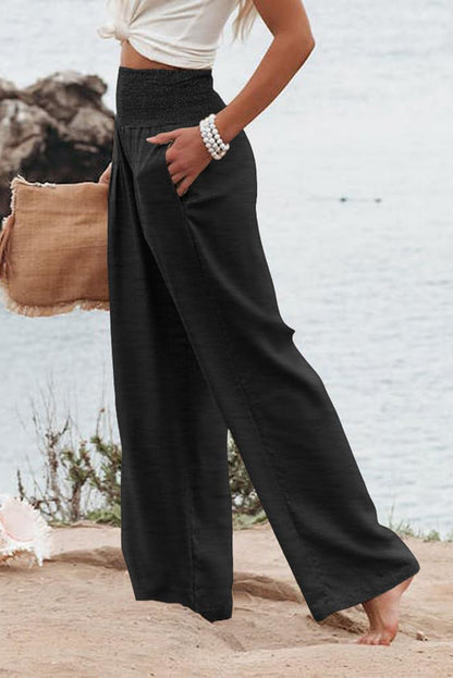 Black Shirred High Waist Plus Size Wide Leg Pants