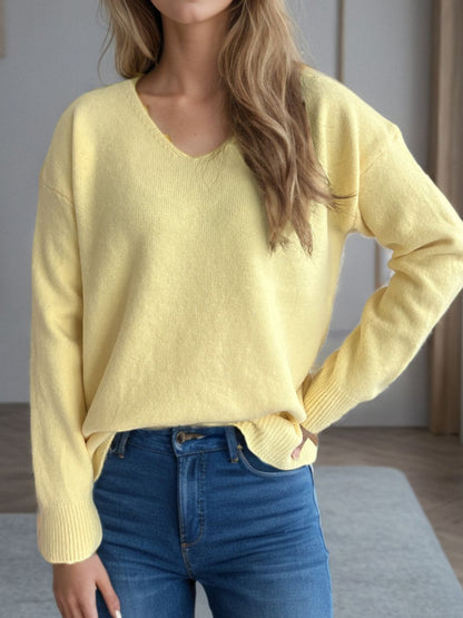 V-Neck Dropped Shoulder Long Sleeve Sweater