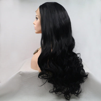 Long black wavy synthetic wig with 130% density