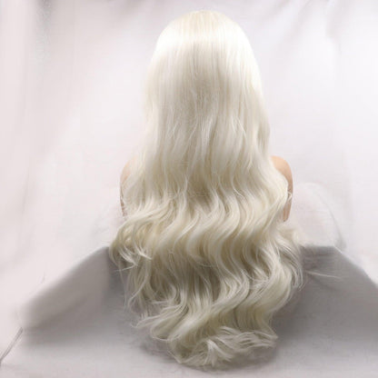 Long, wavy platinum blonde synthetic wig with 130% density and 24-inch length.