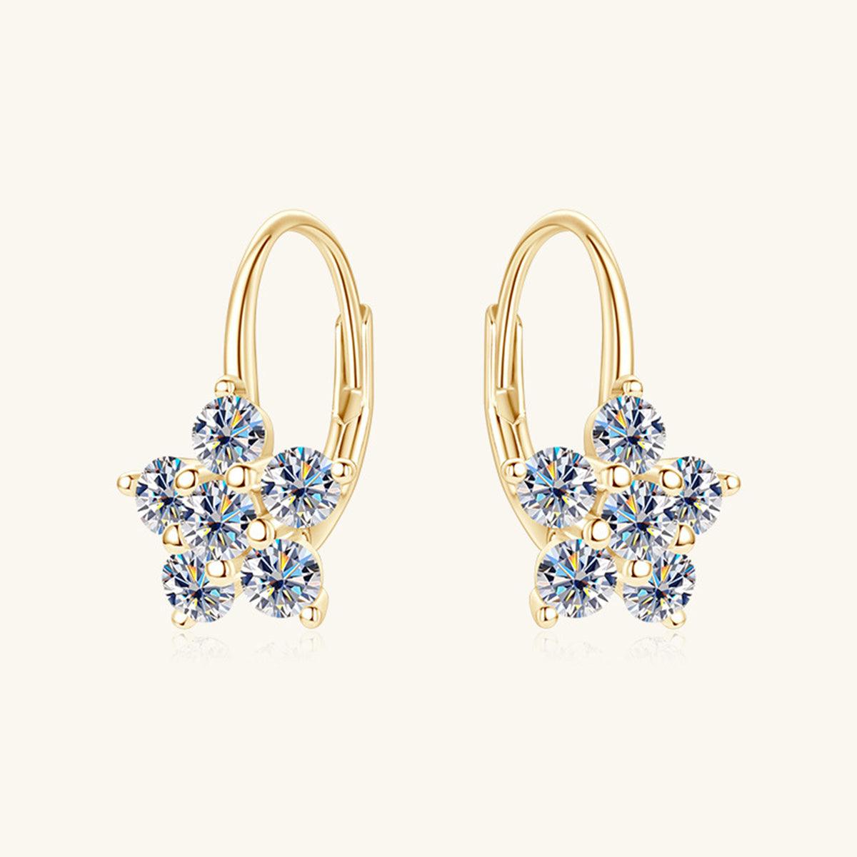 1.2 Carat 925 Sterling Silver Moissanite Flower Huggie Earrings - Elegant gold-tone flower shaped moissanite earrings featuring a cluster of sparkling blue stones