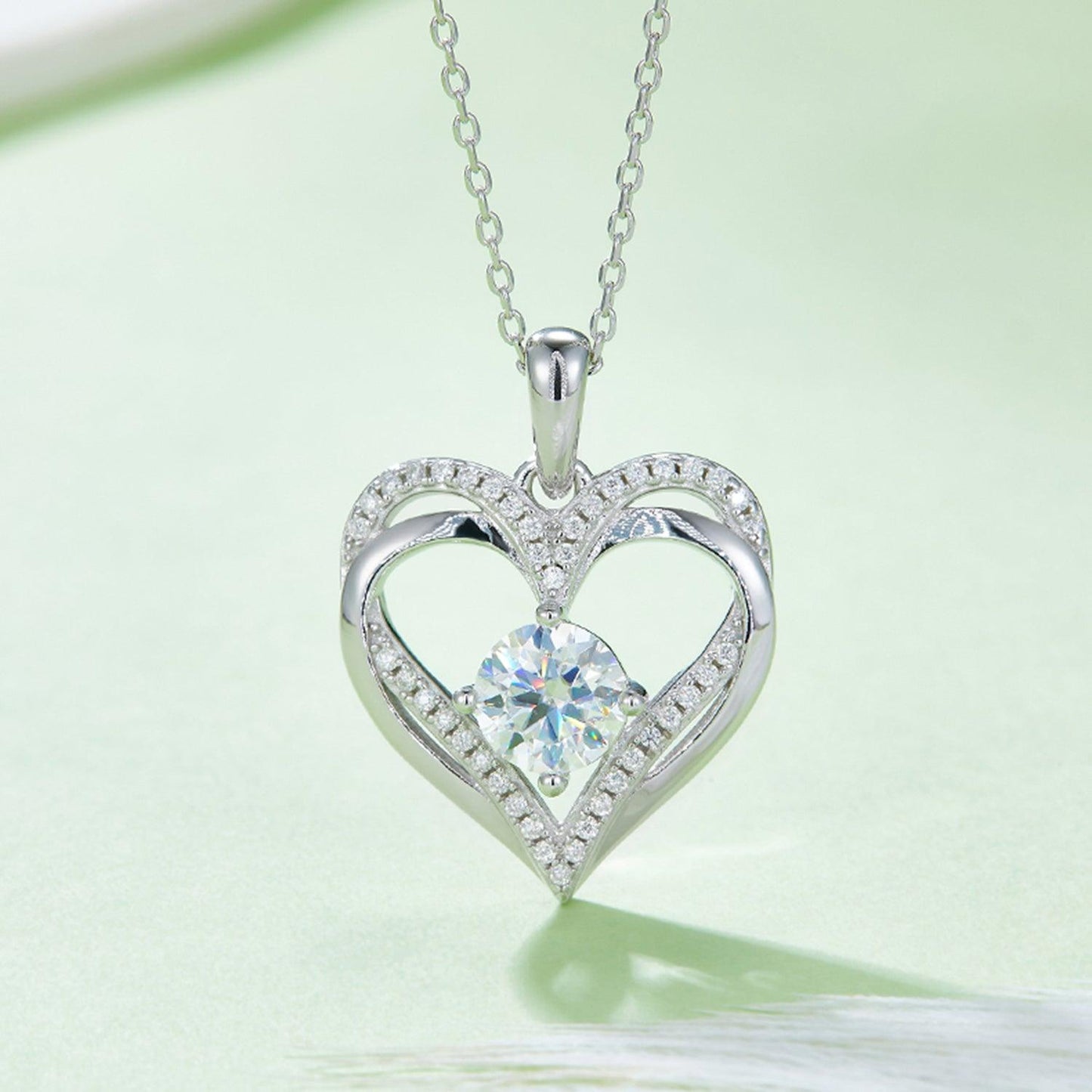 Elegant 1.2 Carat Moissanite Heart-Shaped Silver Necklace Pendant with Sparkling Crystals