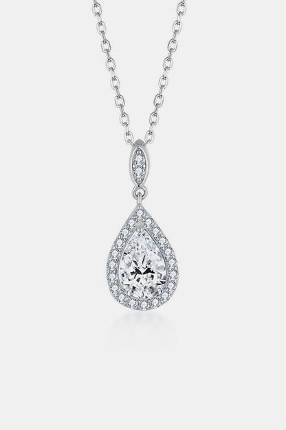 Elegant sterling silver teardrop necklace with a sparkling moissanite center stone surrounded by a halo of diamonds.