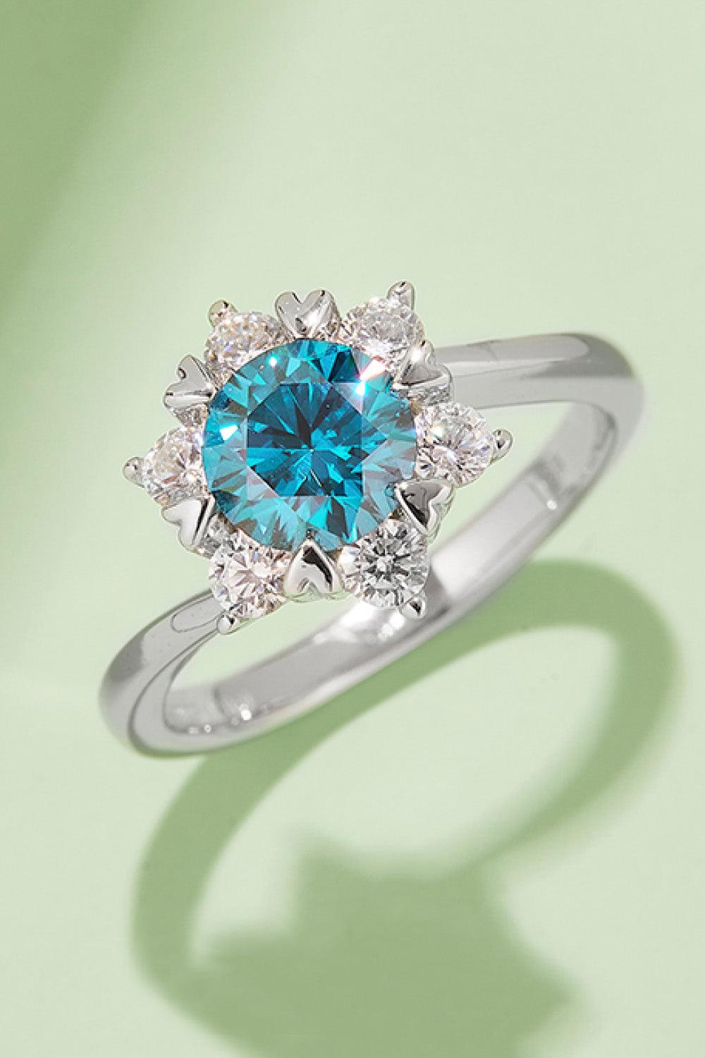 Elegant 1 Carat Moissanite 925 Sterling Silver Cluster Ring with Shimmering Blue Stone and Sparkling Accent Diamonds