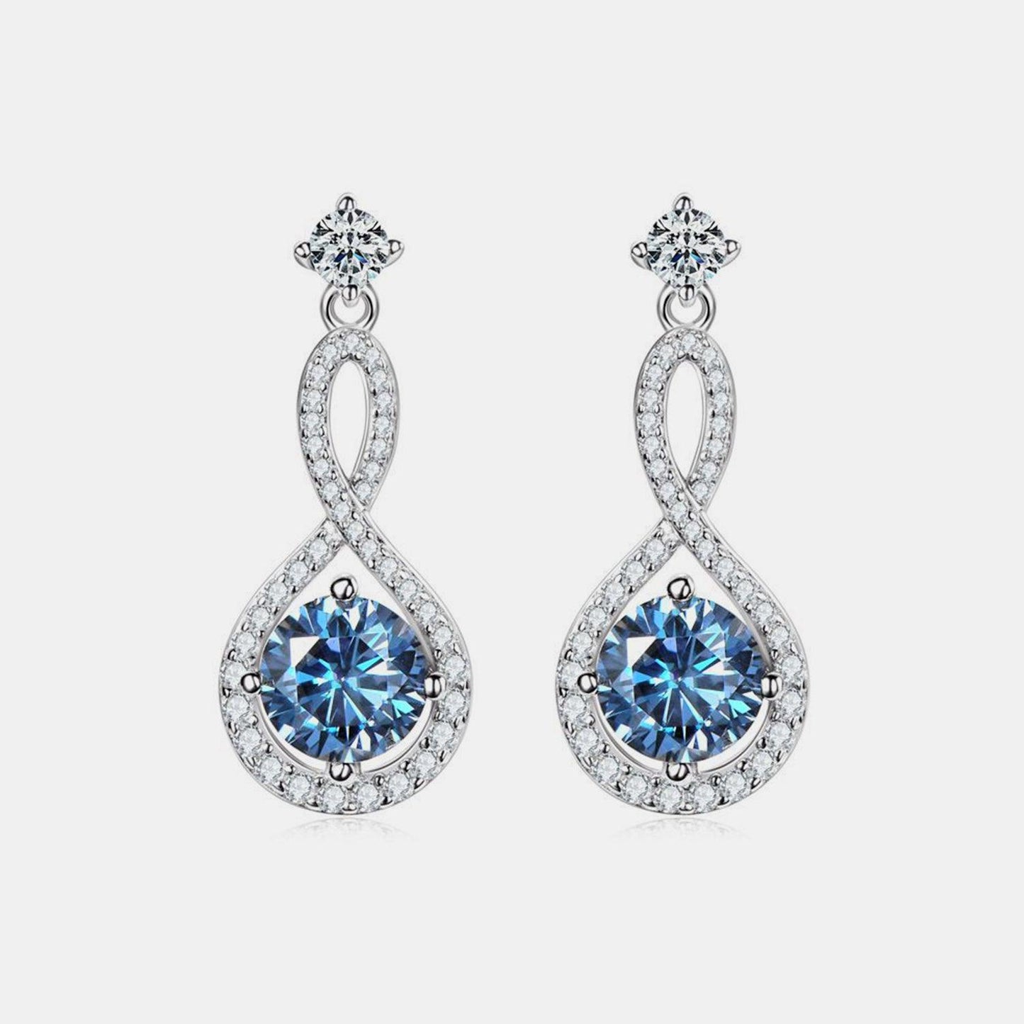 Elegant 925 sterling silver earrings featuring 1 carat round-cut moissanite stones in a dangling infinity design, surrounded by sparkling cubic zirconia accents.