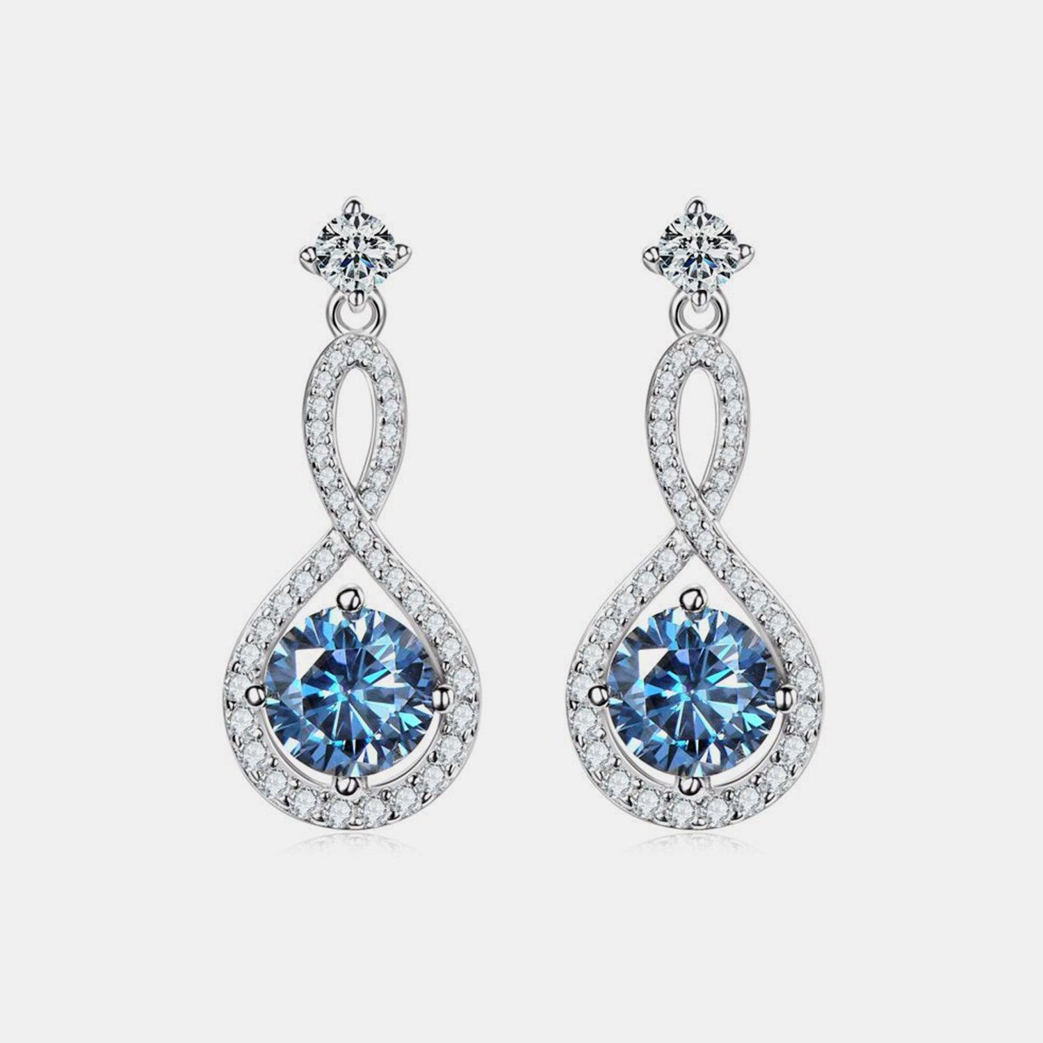 Elegant 925 sterling silver earrings featuring 1 carat round-cut moissanite stones in a dangling infinity design, surrounded by sparkling cubic zirconia accents.