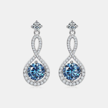 Elegant 925 sterling silver earrings featuring 1 carat round-cut moissanite stones in a dangling infinity design, surrounded by sparkling cubic zirconia accents.