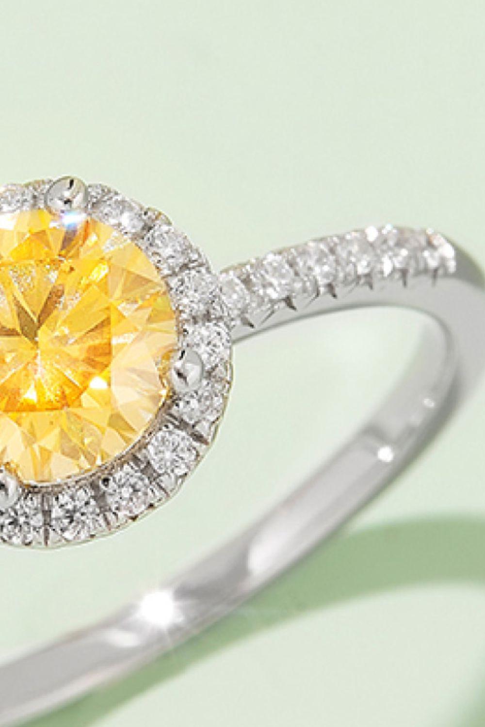 1 Carat Moissanite 925 Sterling Silver Halo Ring with yellow gemstone and sparkling diamond accents