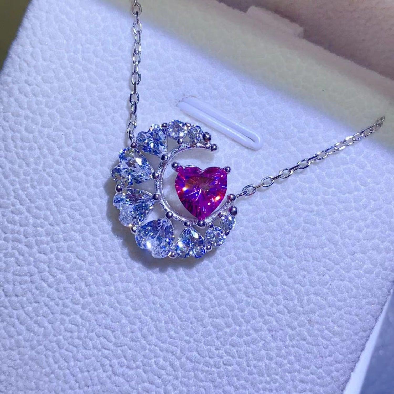 1 carat moissanite heart necklace in 925 sterling silver, featuring a purple heart-shaped center surrounded by sparkling cubic zirconia stones on a silver chain