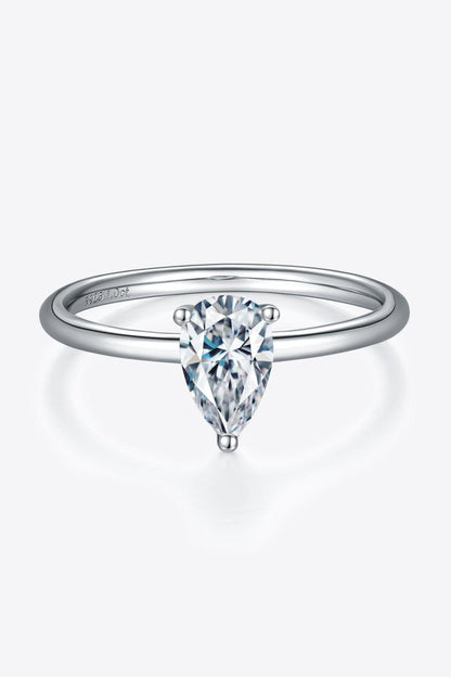 1 carat pear-shaped moissanite center stone ring set in sterling silver