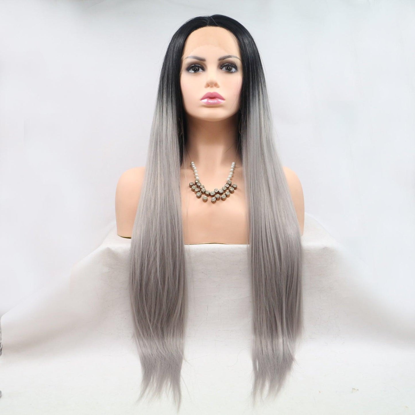 Synthetic long straight 24" wig with 130% density and lace front design.