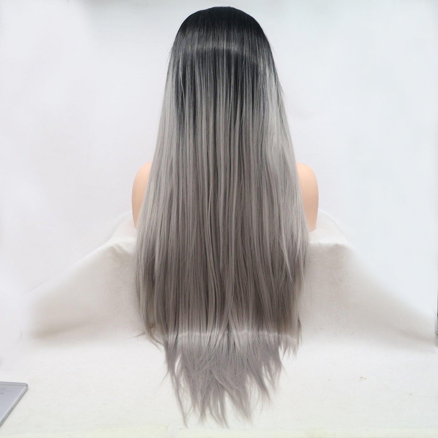 Long straight grey ombre wig with 130% density and 24-inch length