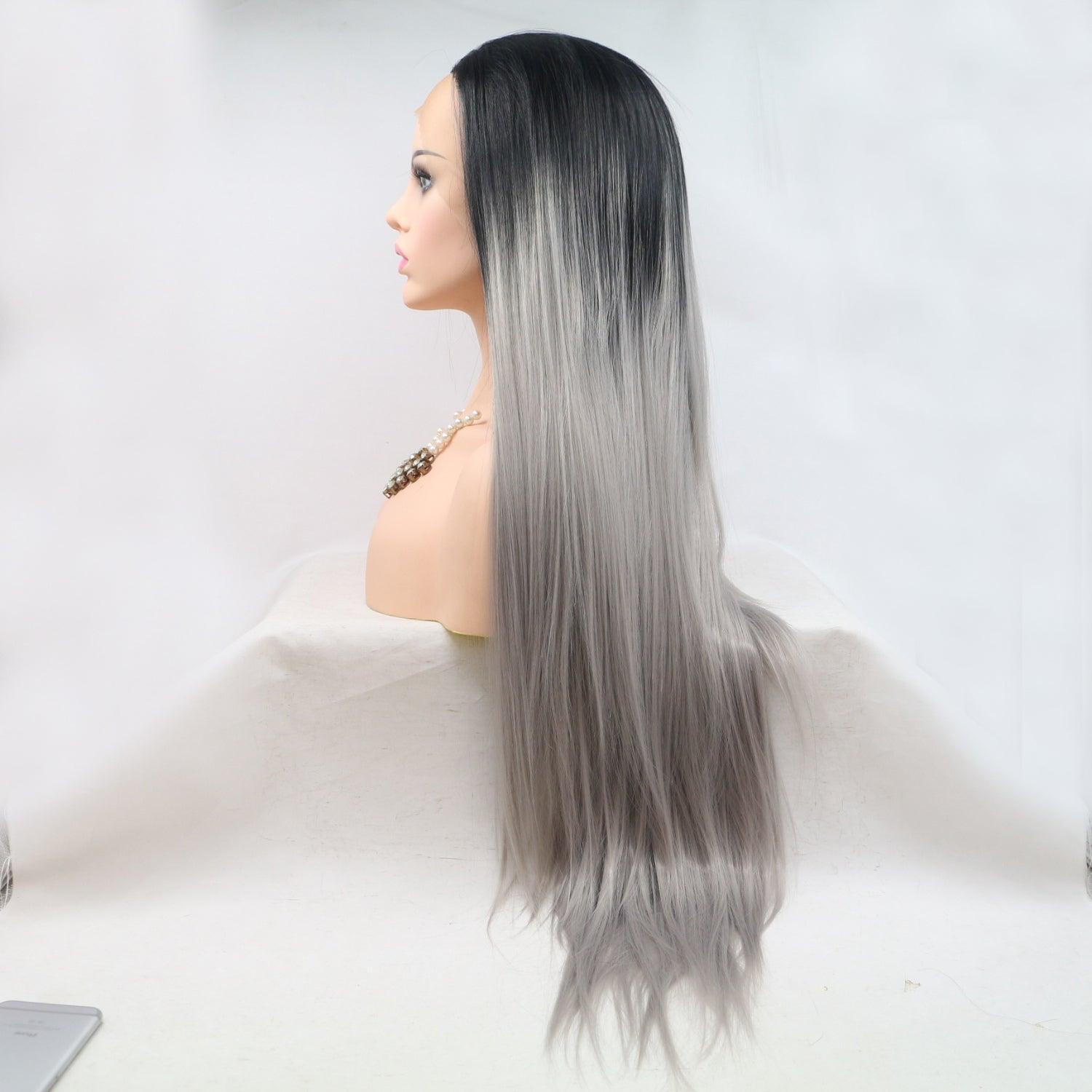 Long, straight gray ombre wig with 130% density