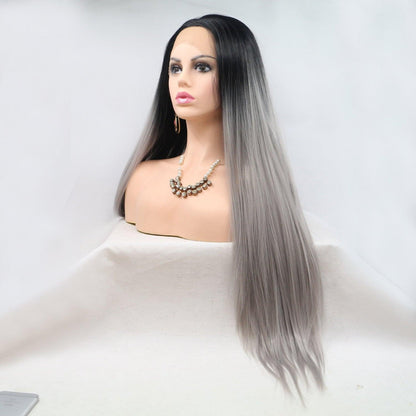 13*3" Lace Front Wig with Long Straight Gray and Black Hair in 130% Density