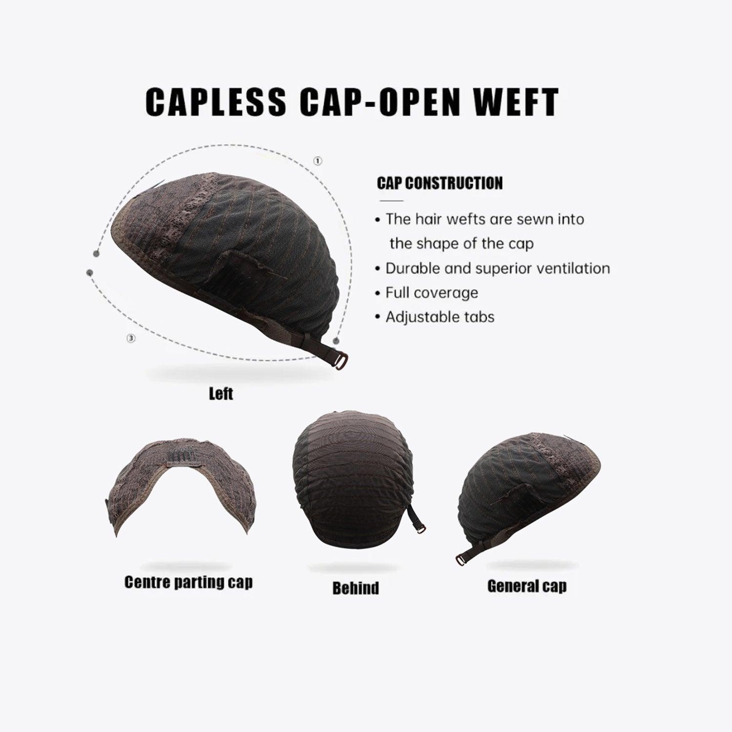 Capless open wig, a durable and comfortable wig featuring a full coverage cap construction with adjustable tabs for a customized fit. The hair wefts are sewn into the shape of the cap, allowing superior ventilation.