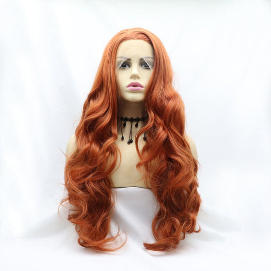 Vibrant orange synthetic wig with long, wavy locks and 130% density for a full, lush appearance.