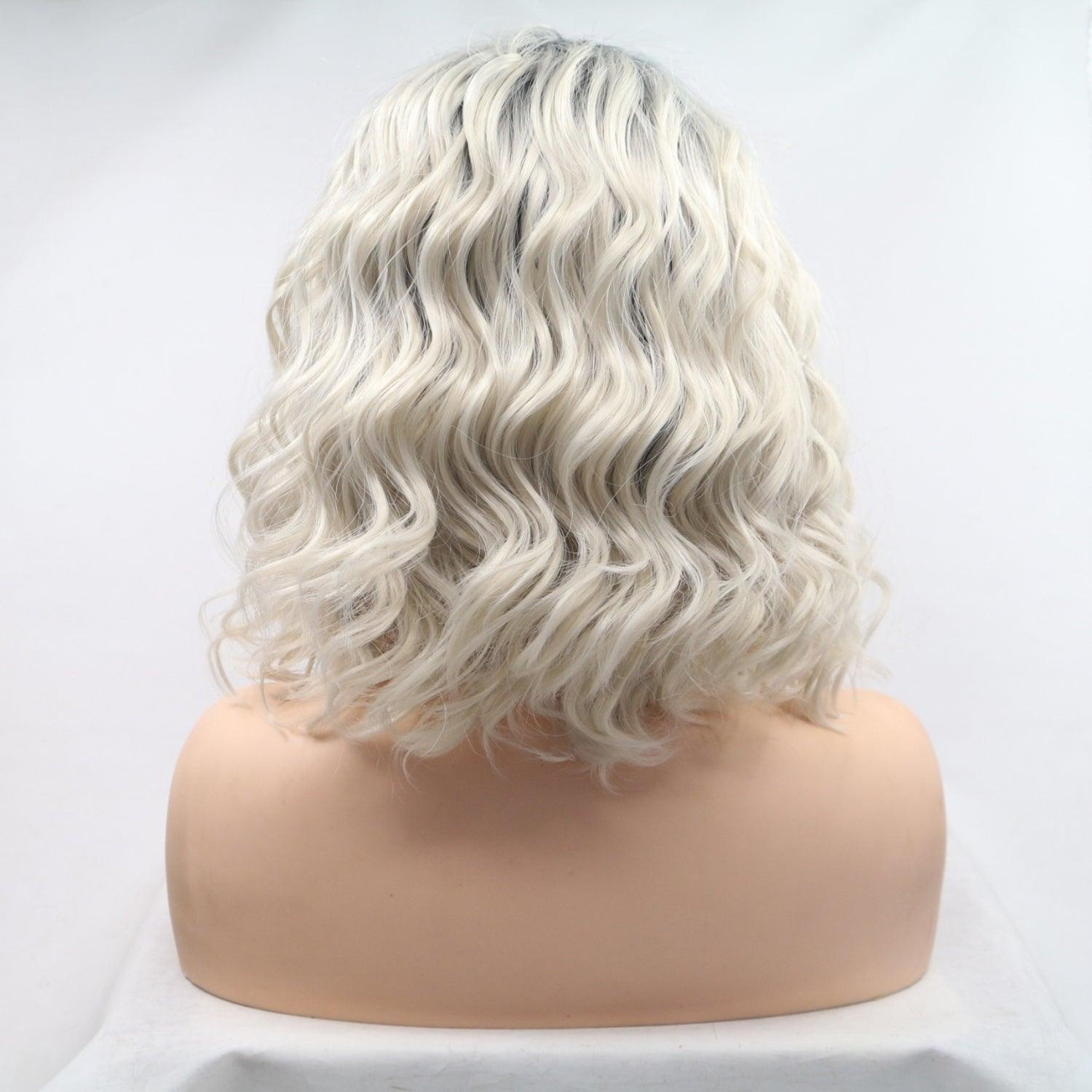 Mid-length wavy wig with 130% density and silver-white colored synthetic hair