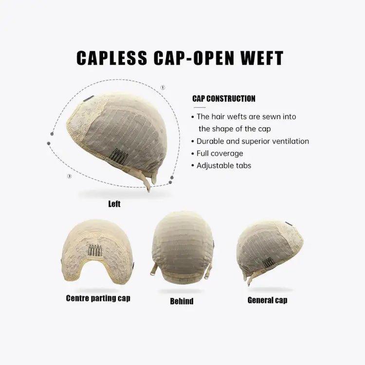 Capless cap-open weft synthetic wig with durable construction and superior ventilation for full coverage and adjustable tabs