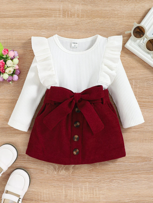 Charming Baby Girl Ruffle Trim Tee & Corduroy Belted Skirt Set