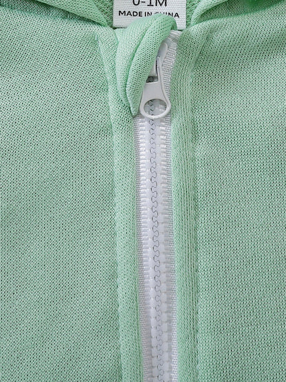 a close up of a zipper on a green sweater