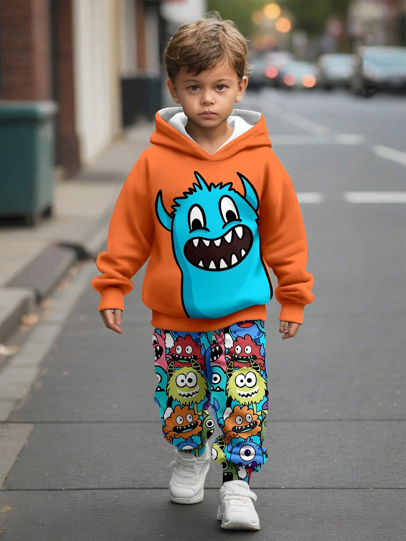 a young boy walking down the street wearing a monster sweatshirt and pants