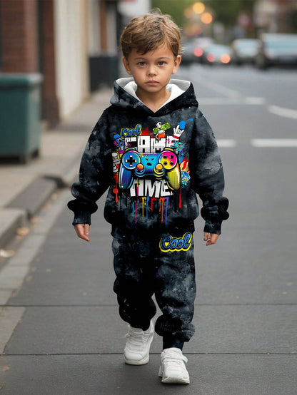 a young boy is walking down the street