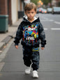 a young boy is walking down the street