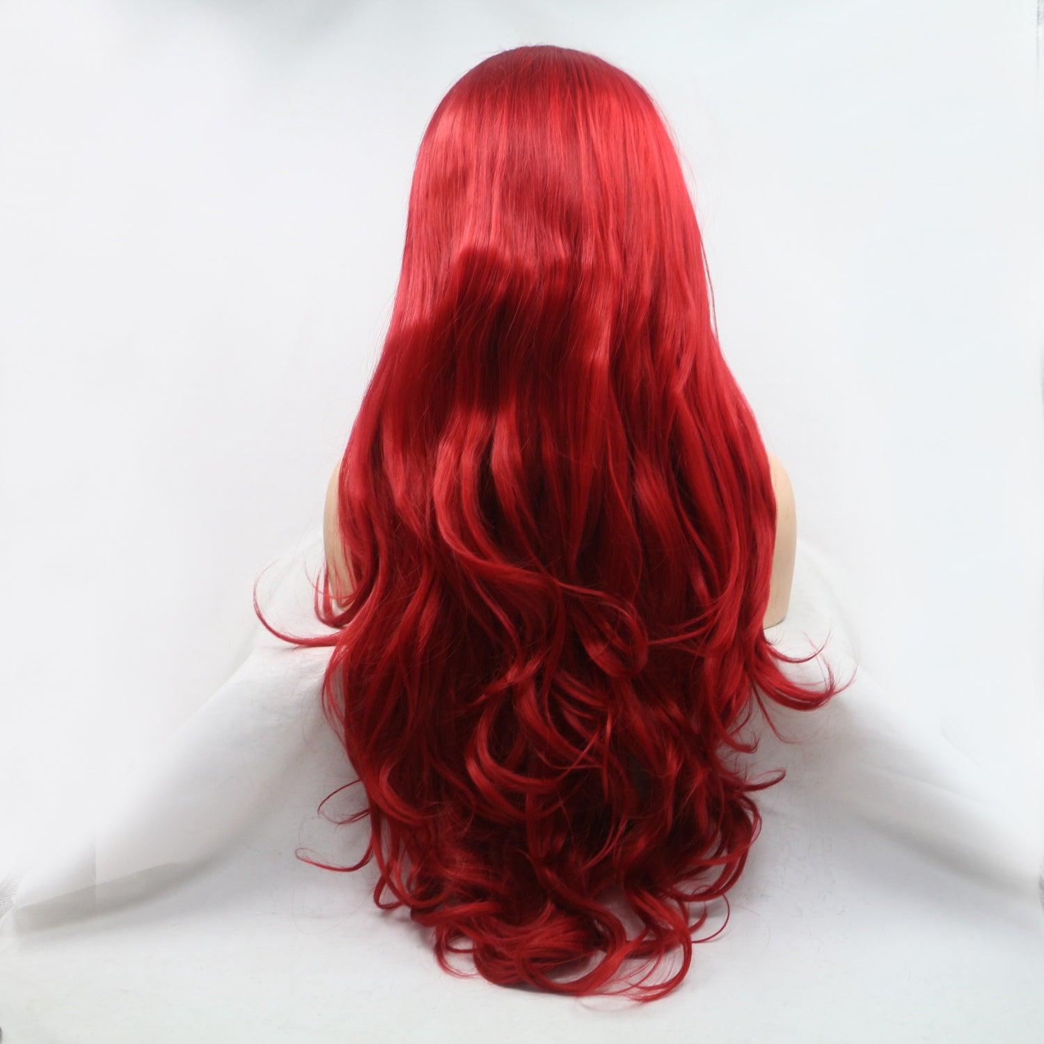 Vibrant long wavy wig with fiery red hues, featuring a luxurious 130% density for a voluminous, natural-looking style.