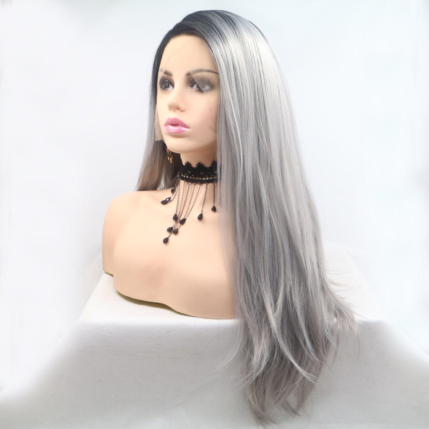 Long, straight gray wig with 130% density and 24-inch length showcased on a female model against a plain white background.