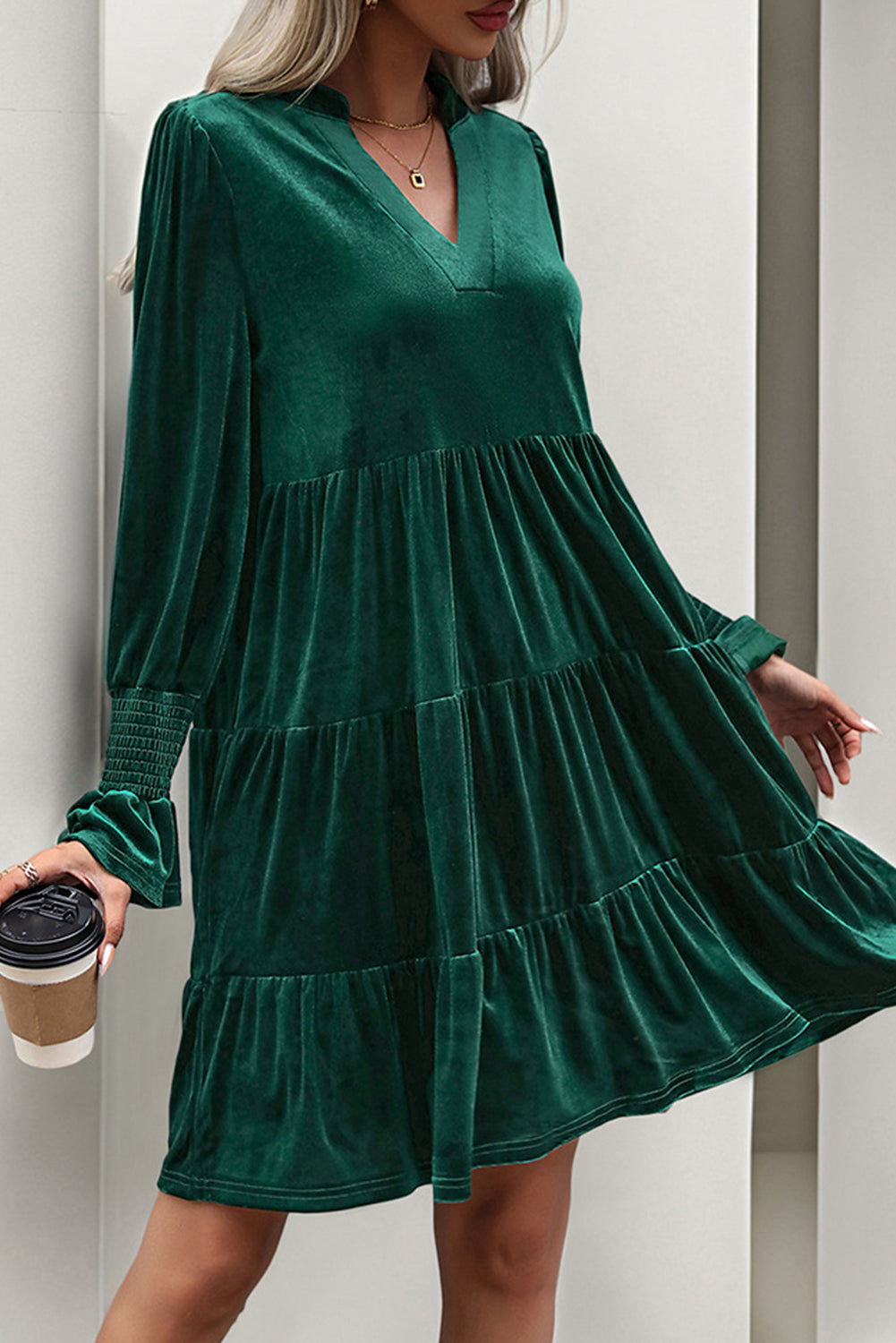 Evergreen Long Sleeve V Neck Velvet Short Dress