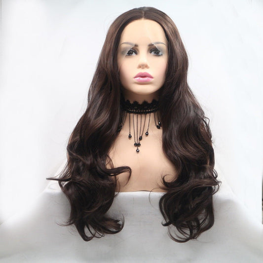 Long, Dark Wavy Lace Front Wig - 24" Synthetic Hair with 130% Density