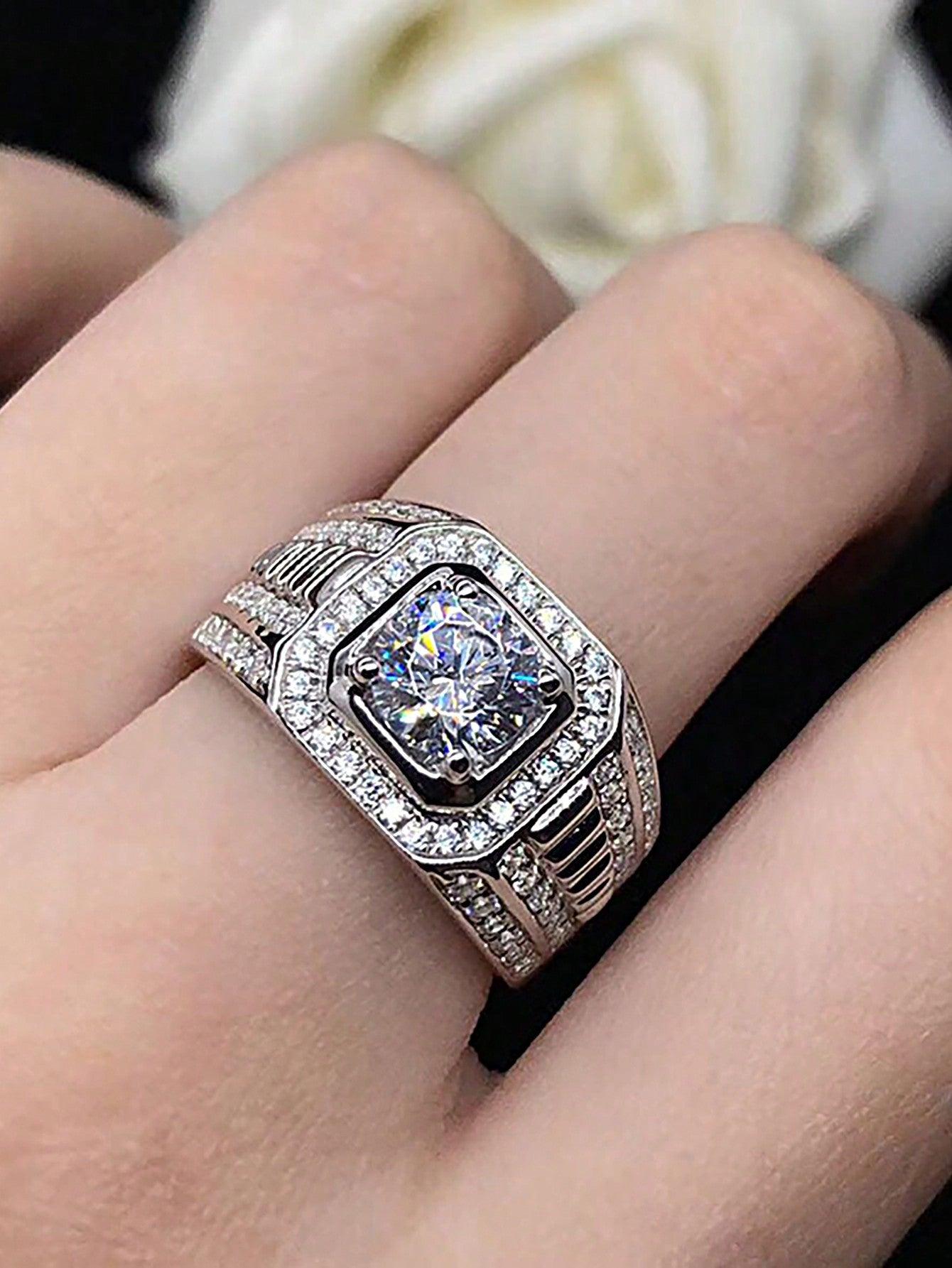 1Pc 1CT Gorgeous S925 Sterling Silver Moissanite Rings For Men Anniversary Gift Male Jewellery Engagement Wedding Eternal Promise Ring Fine Jewelry Bridal Jewelry Rhinestone - KevRow5760