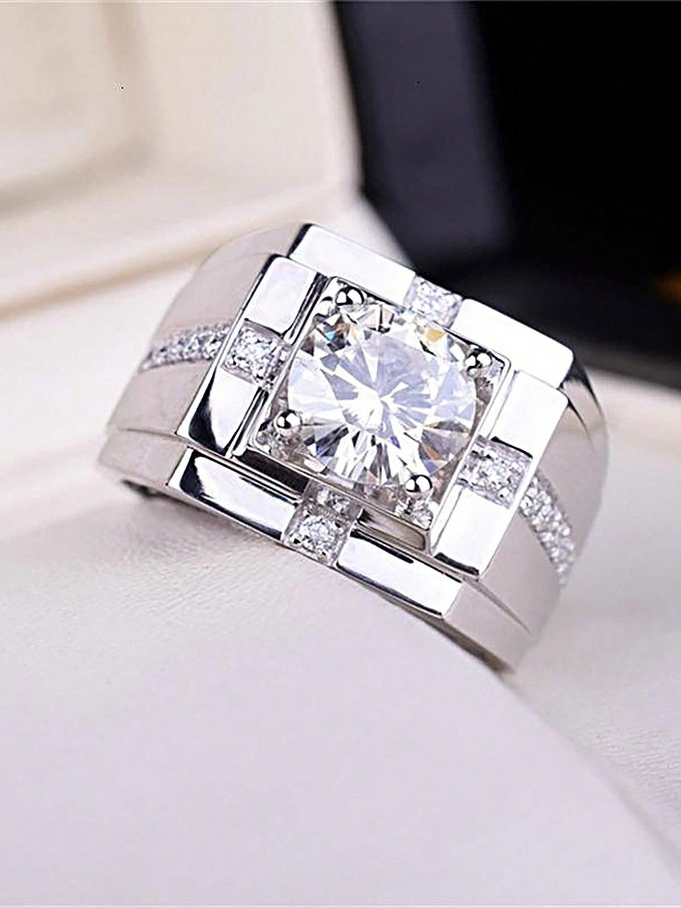 1Pc 1CT Gorgeous S925 Sterling Silver Moissanite Rings For Men Anniversary Gift Male Jewellery Engagement Wedding Eternal Promise Ring Fine Jewelry Bridal Jewelry Rhinestone - KevRow5760