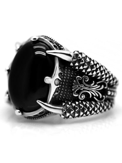 1pc Luxury S925 Silver Men's Ring With Natural Black Agate Stone And Claw Setting - KevRow5760