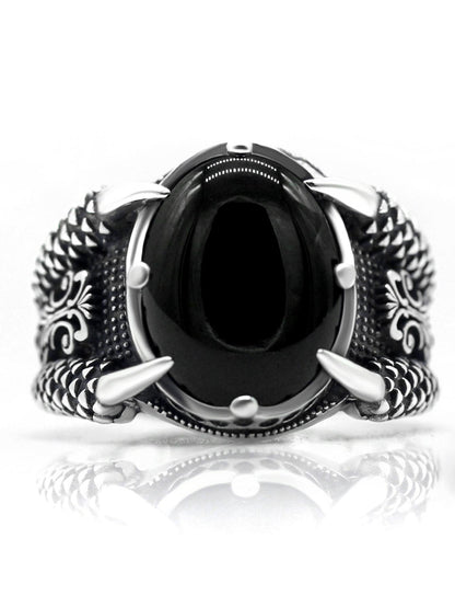 1pc Luxury S925 Silver Men's Ring With Natural Black Agate Stone And Claw Setting - KevRow5760