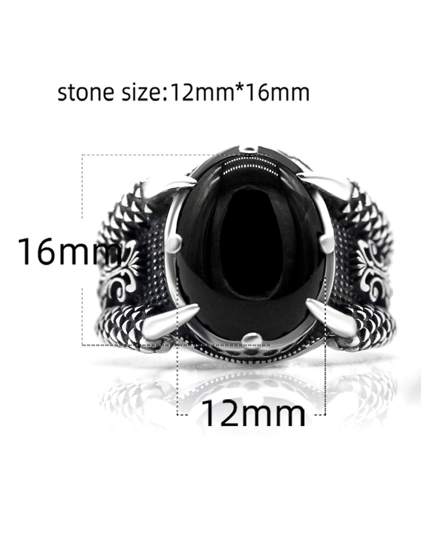 1pc Luxury S925 Silver Men's Ring With Natural Black Agate Stone And Claw Setting - KevRow5760