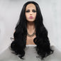 Long, wavy black wig with 130% density and 24-inch length featuring a lace front for a seamless natural hairline.