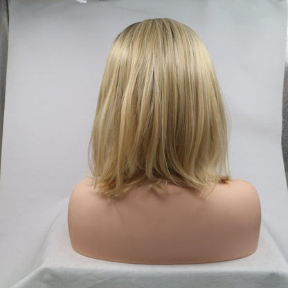 Synthetic medium-length straight blonde wig with 130% density on display