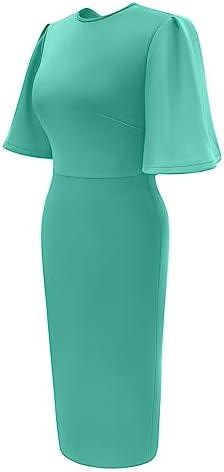 Memoriesea Women&#39;s Basic Bodycon Ruffle Flared Short Sleeve Pencil Midi Dress - KevRow5760