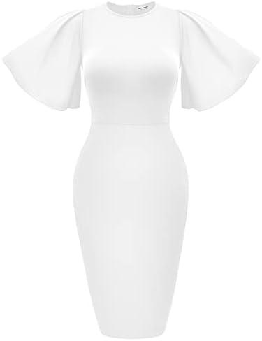 Memoriesea Women&#39;s Basic Bodycon Ruffle Flared Short Sleeve Pencil Midi Dress - KevRow5760