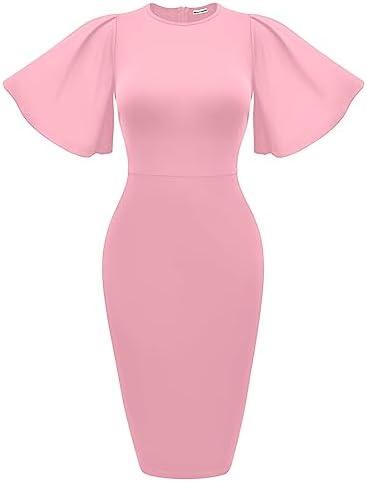 Memoriesea Women&#39;s Basic Bodycon Ruffle Flared Short Sleeve Pencil Midi Dress - KevRow5760