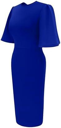 Memoriesea Women&#39;s Basic Bodycon Ruffle Flared Short Sleeve Pencil Midi Dress - KevRow5760