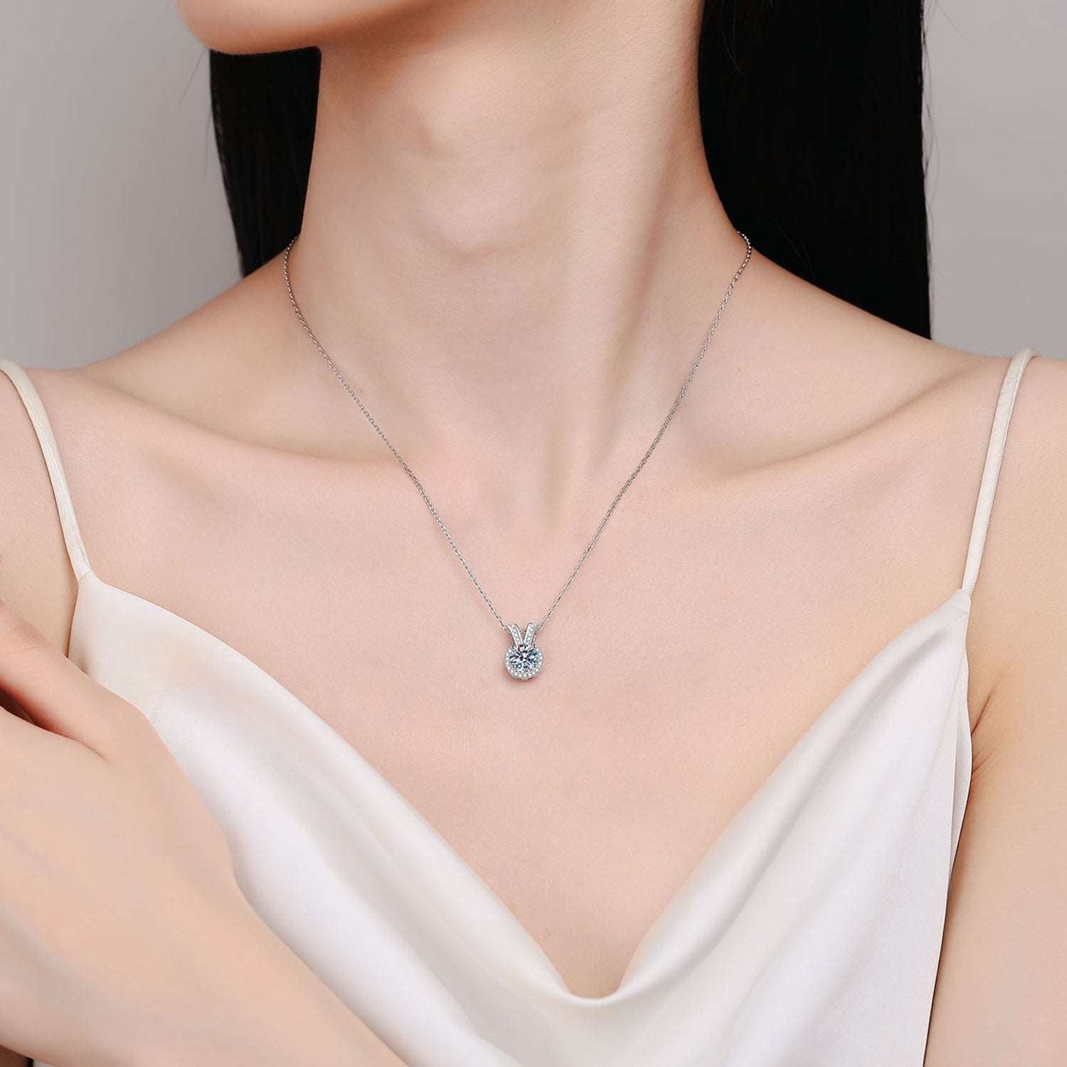 1 Carat Moissanite Rabbit Ears Shape Pendant Necklace - Elegant pendant necklace featuring a 1 carat Moissanite stone in a rabbit ears shape, showcased on a woman's neck against a white background.