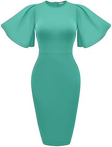 Memoriesea Women&#39;s Basic Bodycon Ruffle Flared Short Sleeve Pencil Midi Dress - KevRow5760