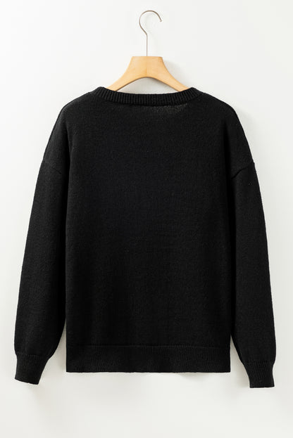 Black XOXO Glitter Print Round Neck Casual Sweater