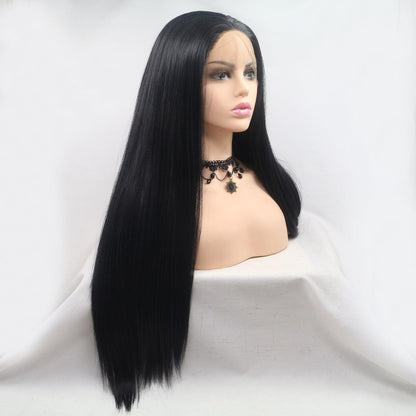 Long, dark straight synthetic wig with 130% density on a female model