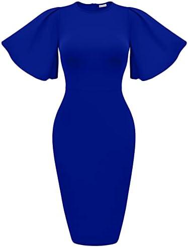 Memoriesea Women&#39;s Basic Bodycon Ruffle Flared Short Sleeve Pencil Midi Dress - KevRow5760